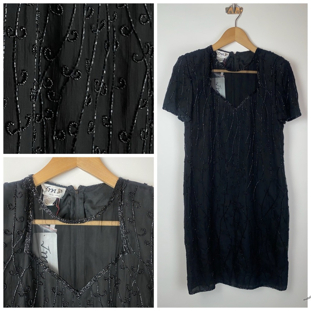 Vintage Silk Beaded Sheath Dress New Old‎ Stock Size PL